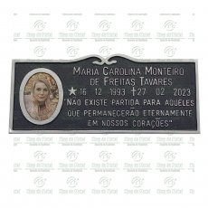 PLACA PARA TÚMULO EM ALUMÍNIO SHOP DO METAL COM 1 FOTO EM PORCELANA 6X8 COLORIDA E TEXTO ATÉ 53 LETRAS TAM.12X30 CM